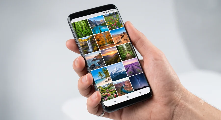 Галерея фото на экране Android-смартфона в руке