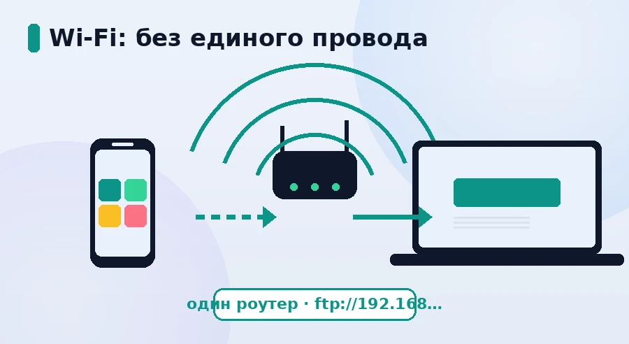 Схема переноса по Wi-Fi: телефон и компьютер в одной сети роутера, доступ по адресу ftp