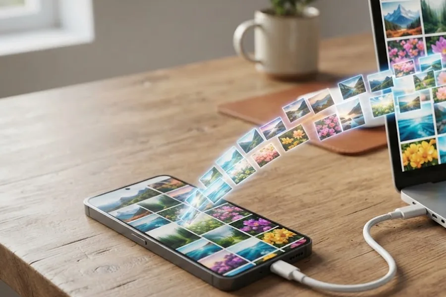 Смартфон соединён кабелем USB-C с ноутбуком, миниатюры фото летят с экрана телефона на экран ноутбука
