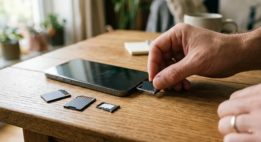 Как перенести файлы на карту памяти: рука вставляет microSD в смартфон