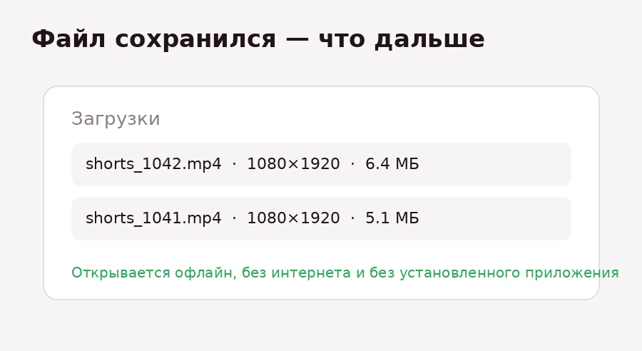 Папка загрузок с двумя вертикальными файлами шортс, подпись про офлайн-просмотр без приложения