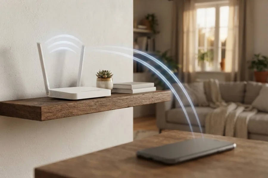 Роутер Wi-Fi на полке, к смартфону на переднем плане идут волны сигнала