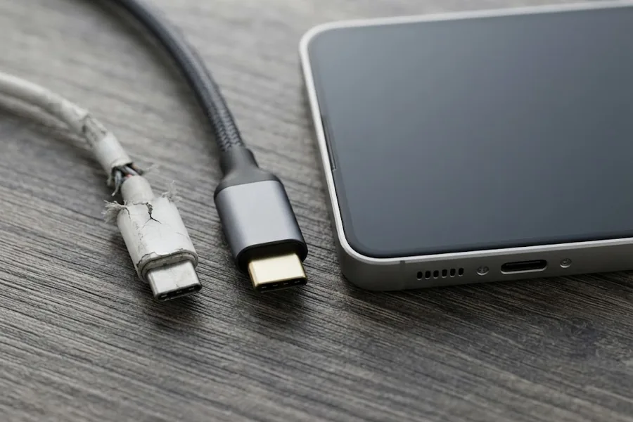 Два кабеля USB-C у смартфона: старый перетёртый у штекера и новый в оплётке