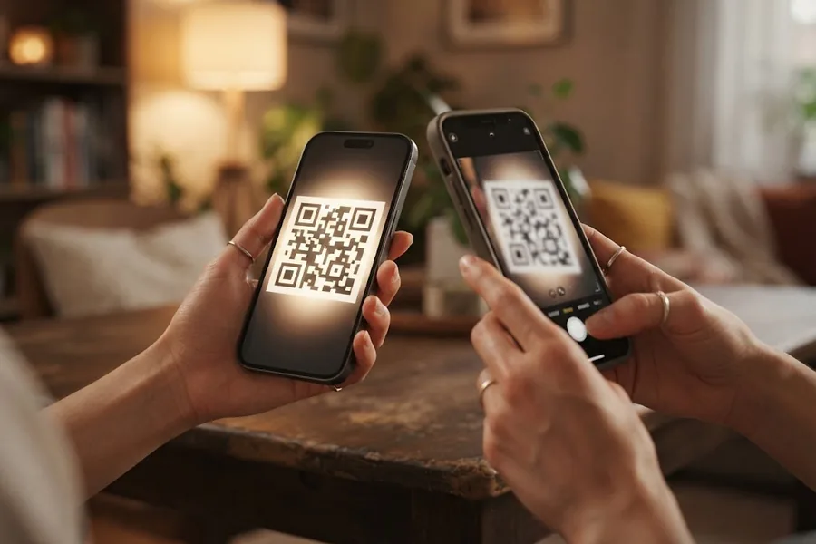 Один смартфон показывает QR-код сети, второй наводит на него камеру