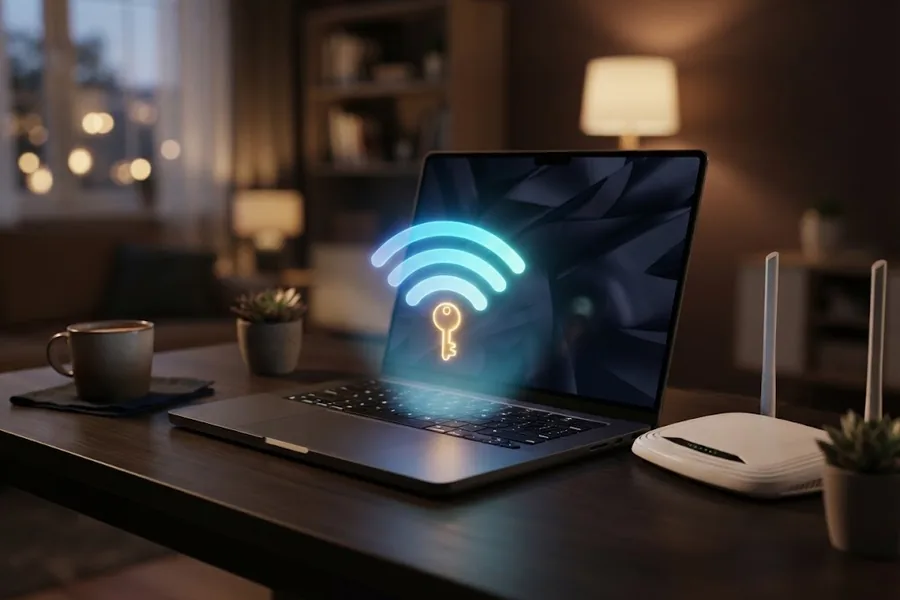 Ноутбук и роутер на столе, над клавиатурой светится значок Wi-Fi с ключом
