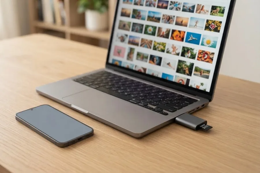 Карта памяти microSD в картридере у ноутбука, на экране сетка фотографий