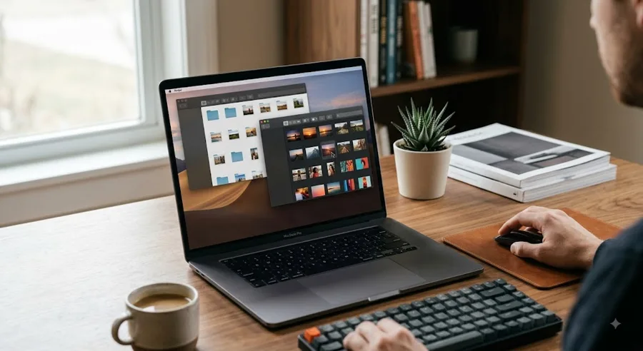 Конвертация WebP в JPG: ноутбук с папками фотографий на рабочем столе