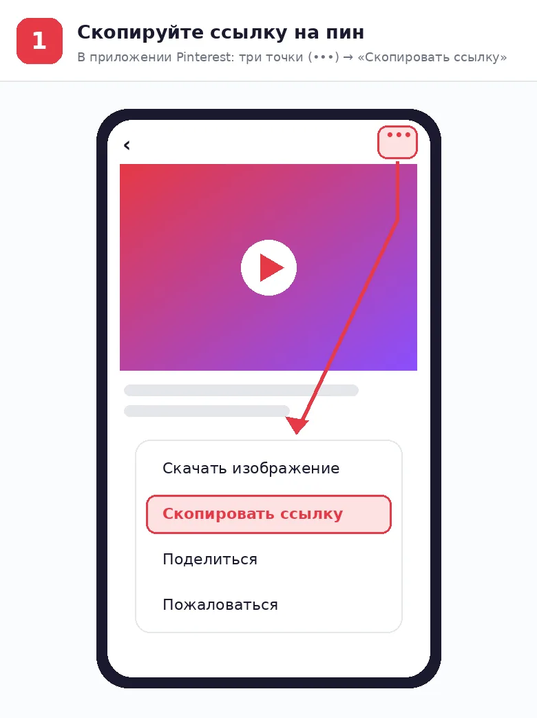 Шаг 1: в приложении Pinterest нажать три точки и выбрать «Скопировать ссылку»